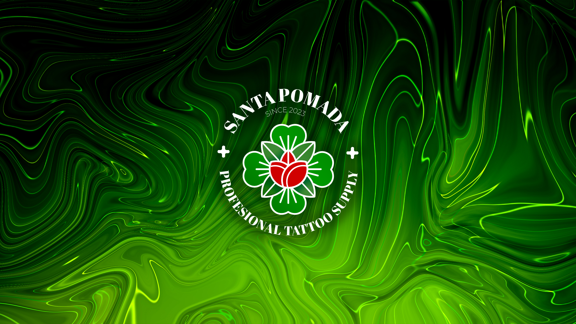 Um logotipo branco com a inscrição Santa Pomada Professional Tattoo Supply, com uma flor decorativa e um coração vermelho, em um fundo marmorizado verde e preto.